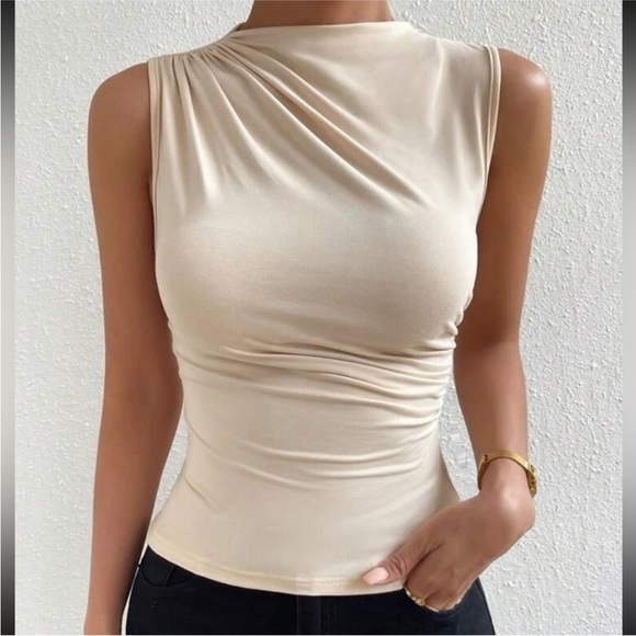 Tan & ivory ruched sleeveless stretchy top - Picture 6 of 6